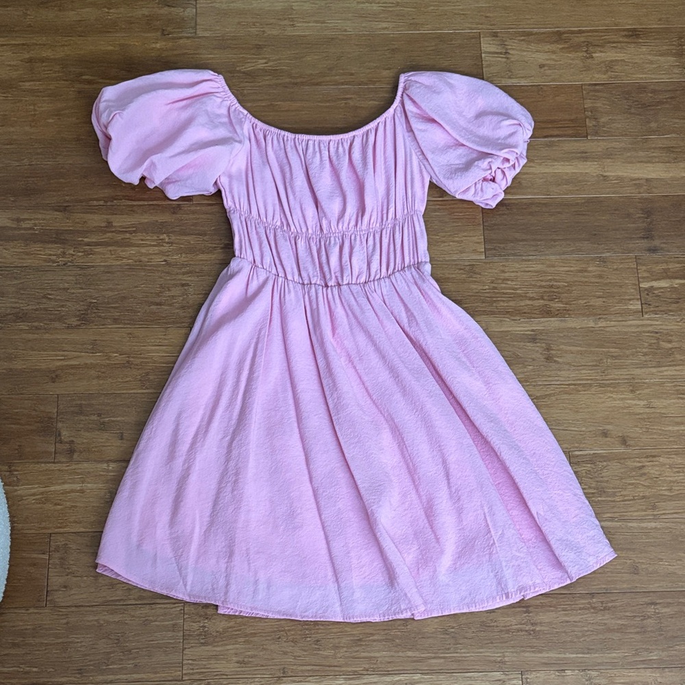 Amazon Pink Puff Sleeve Midi Dress